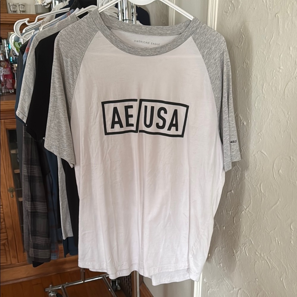 American Eagle Outfitters AE USA Short Sleeve Tee - White and Gray